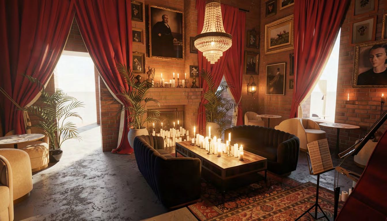 Brick hearth lined with candles, velvet sofas and a Persian rug