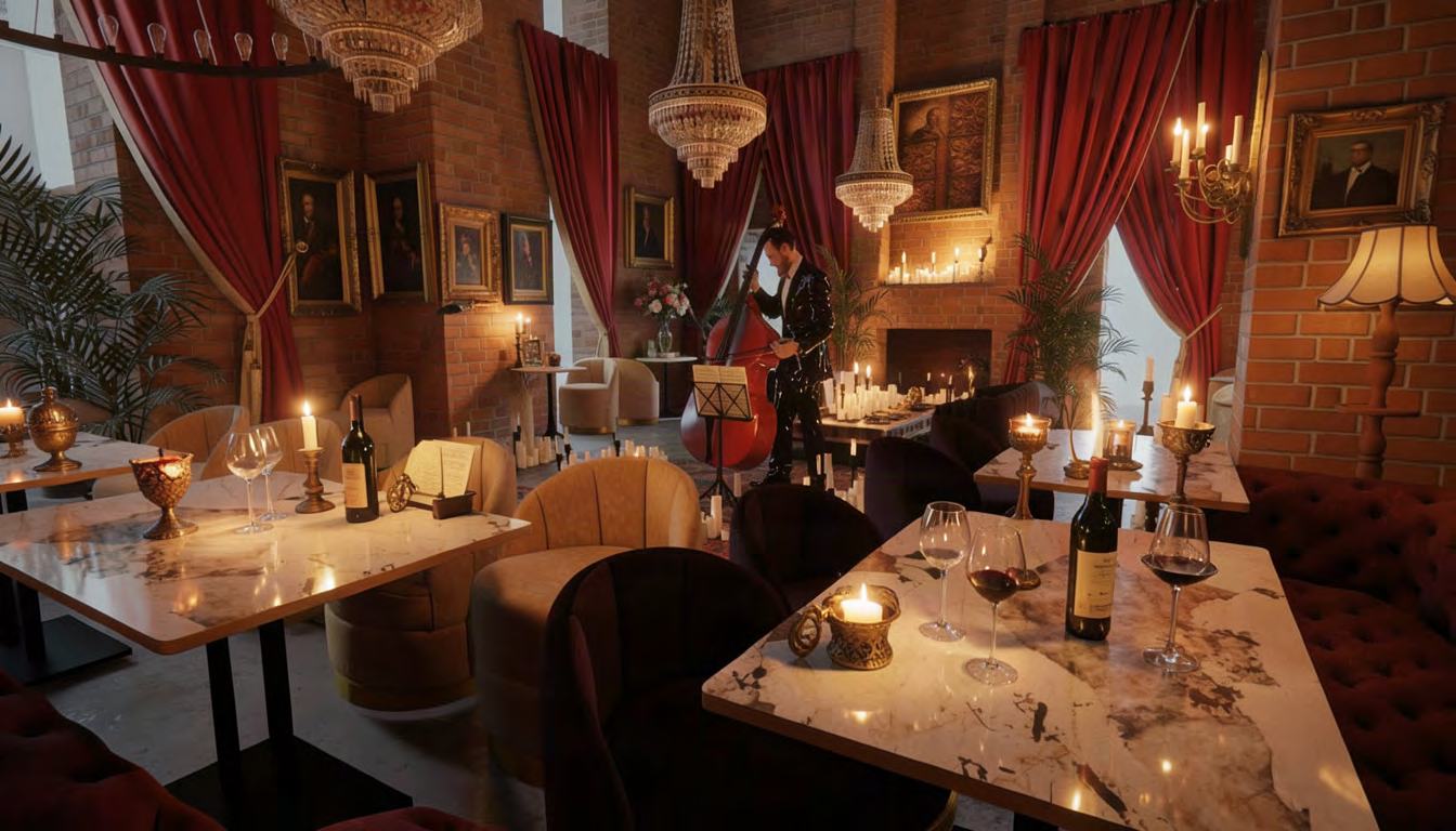 Marble tables set with wine and candles, a double bassist playing at the back of the room